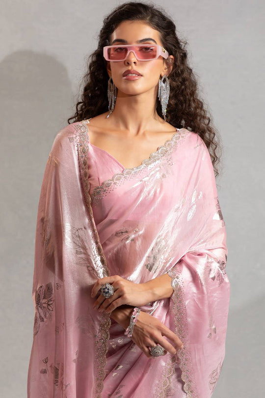 Shelley Pastel Pink Satin Silk Beads & Stone Embellished Ready to Wear One Minute Saree