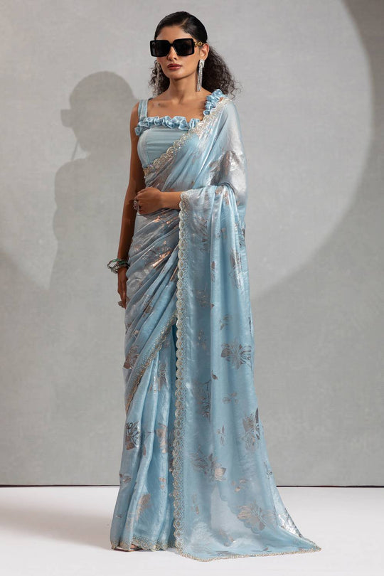 Shelley Blue Satin Silk Beads & Stone Embellished Ready to Wear One Minute Saree