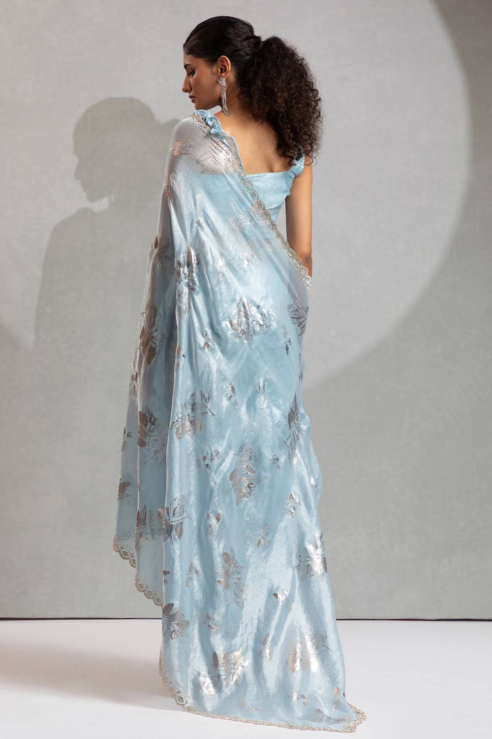 Shelley Blue Satin Silk Beads & Stone Embellished Ready to Wear One Minute Saree