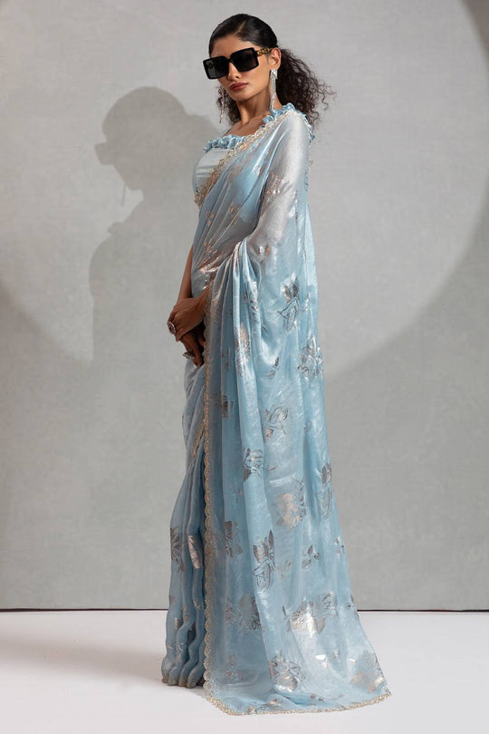 Shelley Blue Satin Silk Beads & Stone Embellished Ready to Wear One Minute Saree