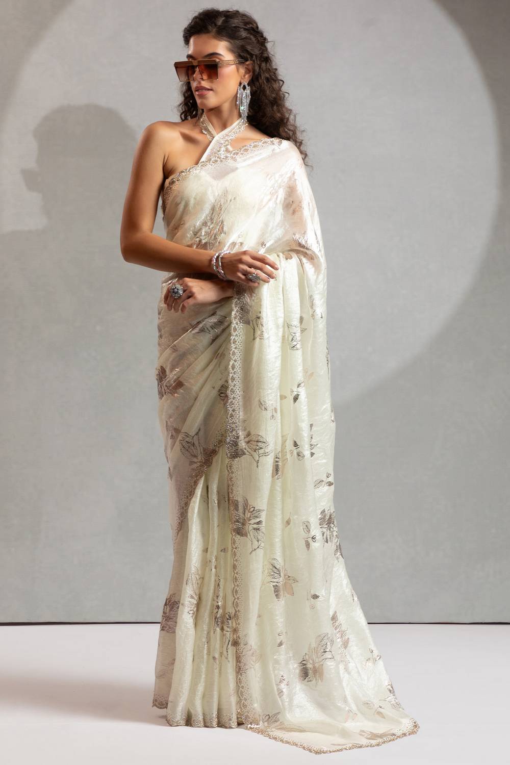 Shelley Off White Satin Silk Beads & Stone Embellished Ready to Wear One Minute Saree