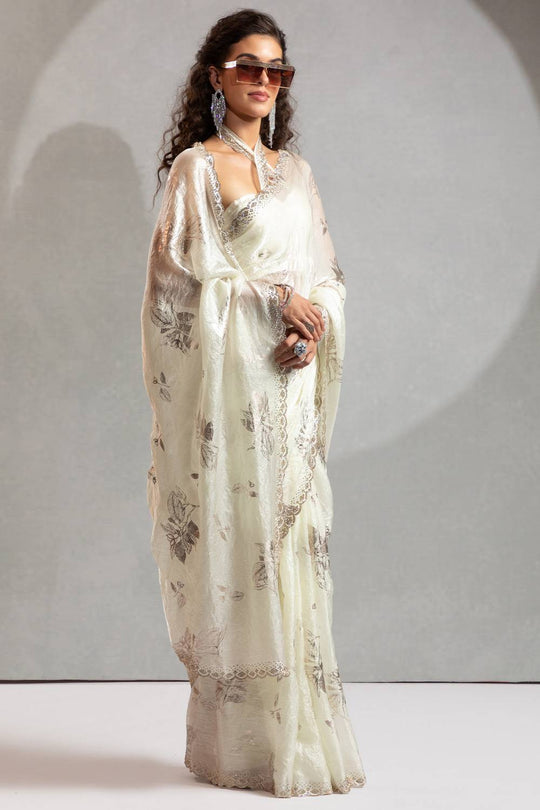 Shelley Off White Satin Silk Beads & Stone Embellished Ready to Wear One Minute Saree