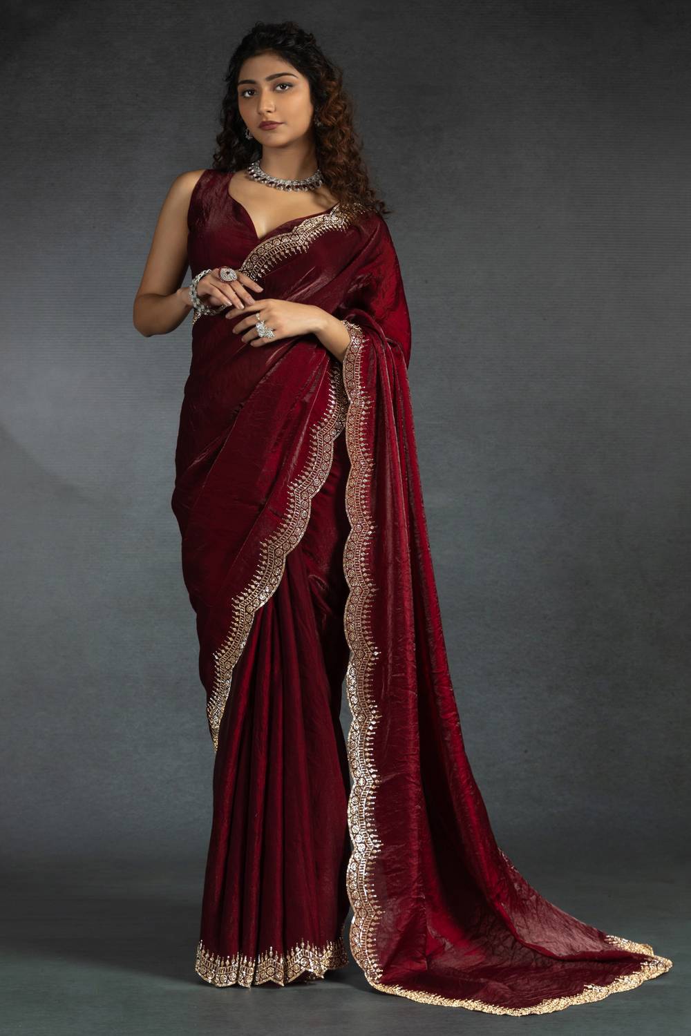 Kaia Maroon Satin Silk Beaded Stone Embellished Designer Ready to Wear One Minute Saree