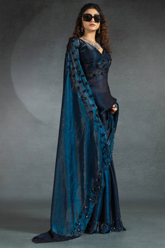 Kaia Blue Satin Silk Beaded Stone Embellished Designer Ready to Wear One Minute Saree