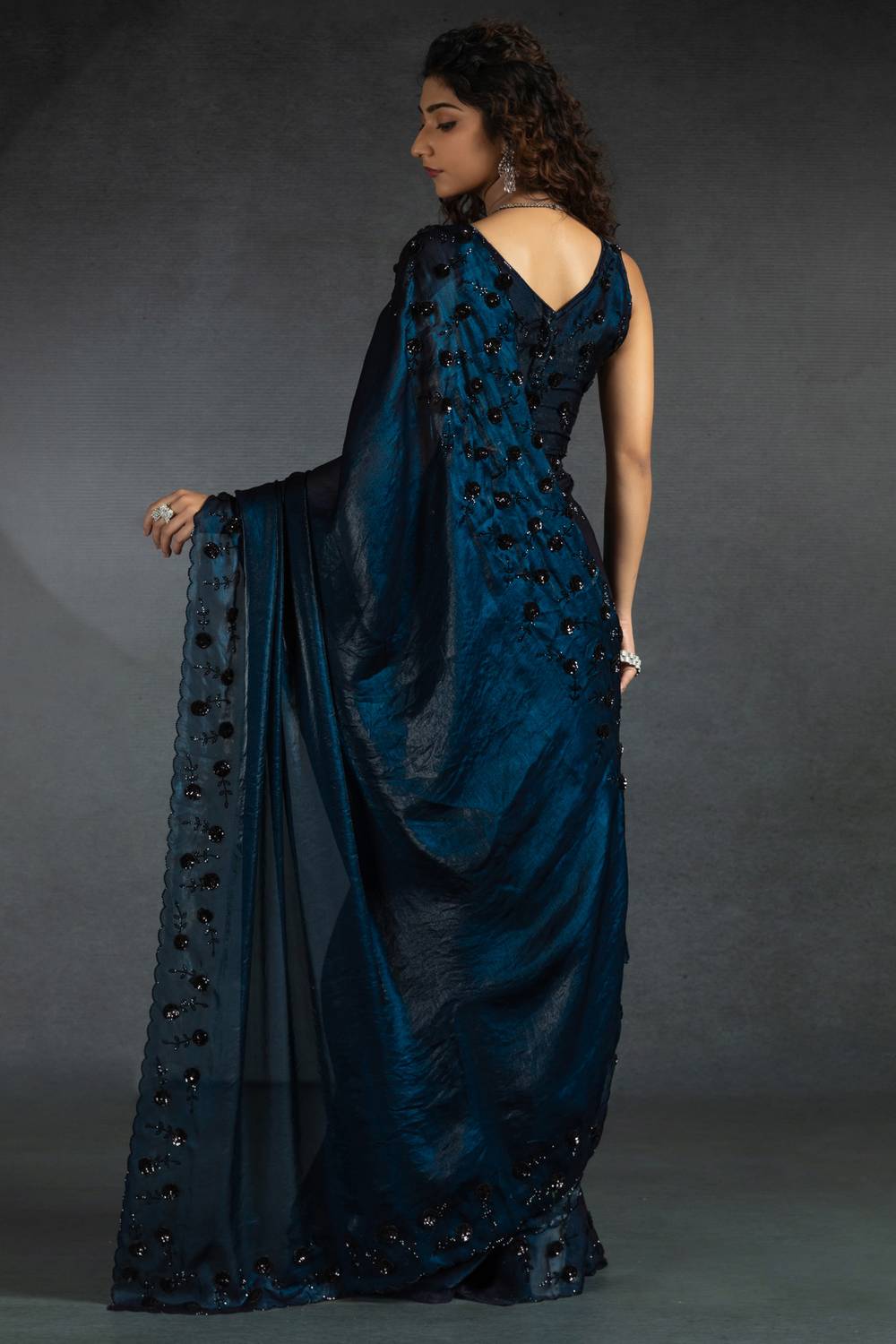Kaia Blue Satin Silk Beaded Stone Embellished Designer Ready to Wear One Minute Saree