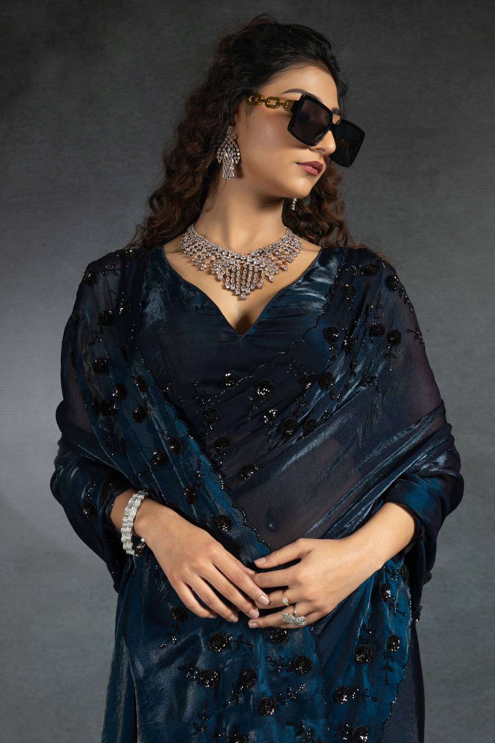 Kaia Blue Satin Silk Beaded Stone Embellished Designer Ready to Wear One Minute Saree