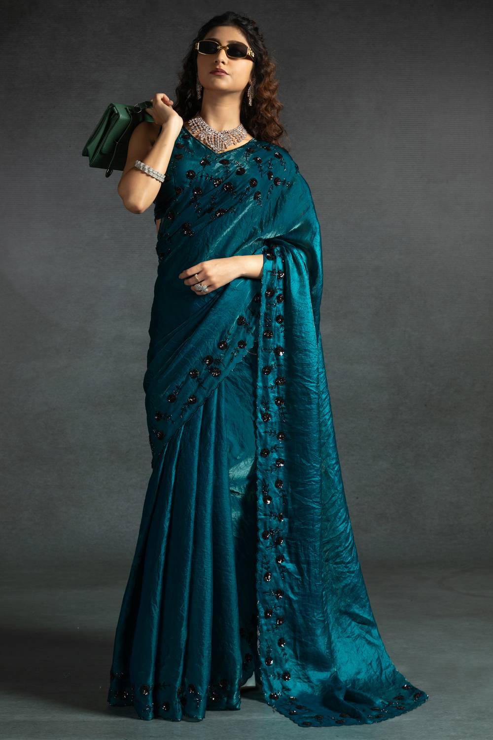Kaia Teal Blue Satin Silk Beaded Stone Embellished Designer Ready to Wear One Minute Saree