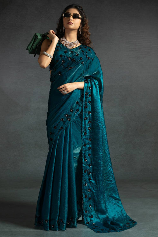 Kaia Teal Blue Satin Silk Beaded Stone Embellished Designer Ready to Wear One Minute Saree