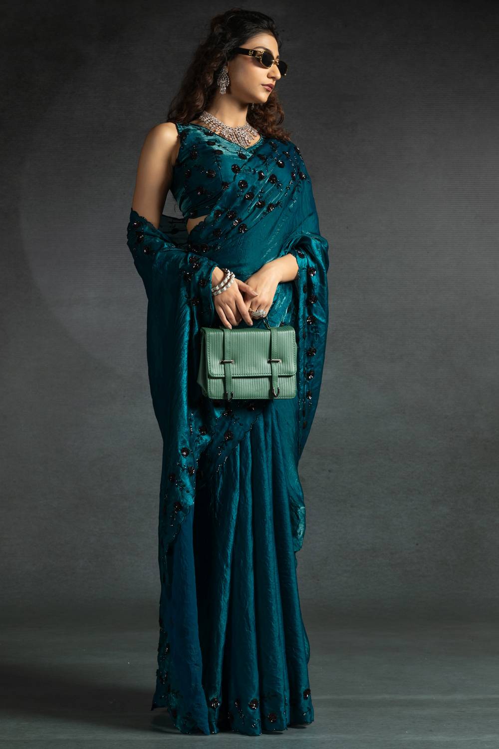 Kaia Teal Blue Satin Silk Beaded Stone Embellished Designer Ready to Wear One Minute Saree