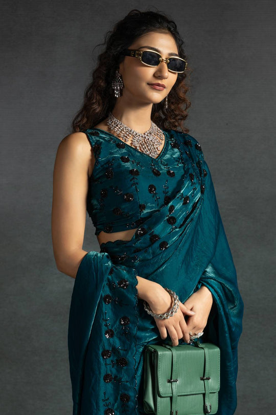 Kaia Teal Blue Satin Silk Beaded Stone Embellished Designer Ready to Wear One Minute Saree