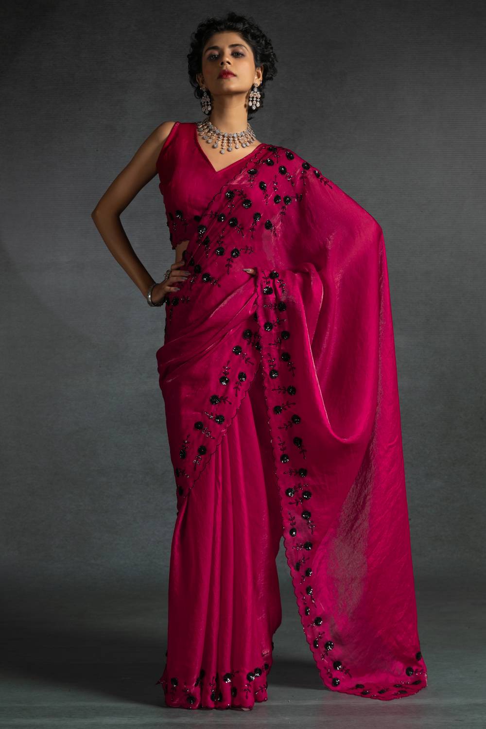 Kaia Pink Satin Silk Beaded Stone Embellished Designer Ready to Wear One Minute Saree