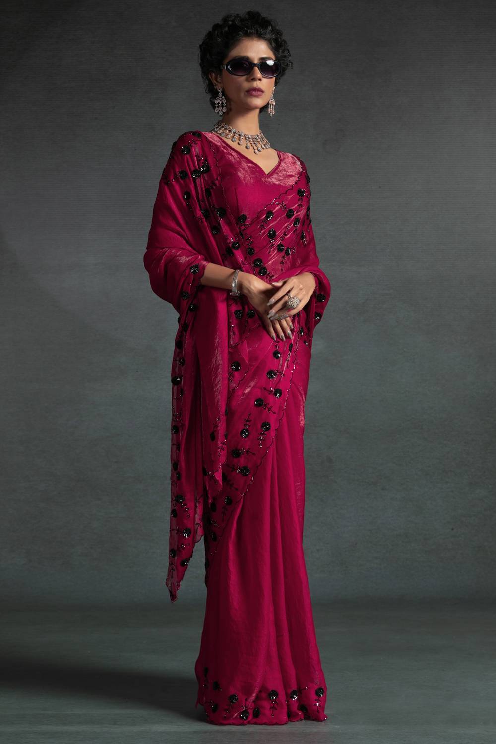 Kaia Pink Satin Silk Beaded Stone Embellished Designer Ready to Wear One Minute Saree