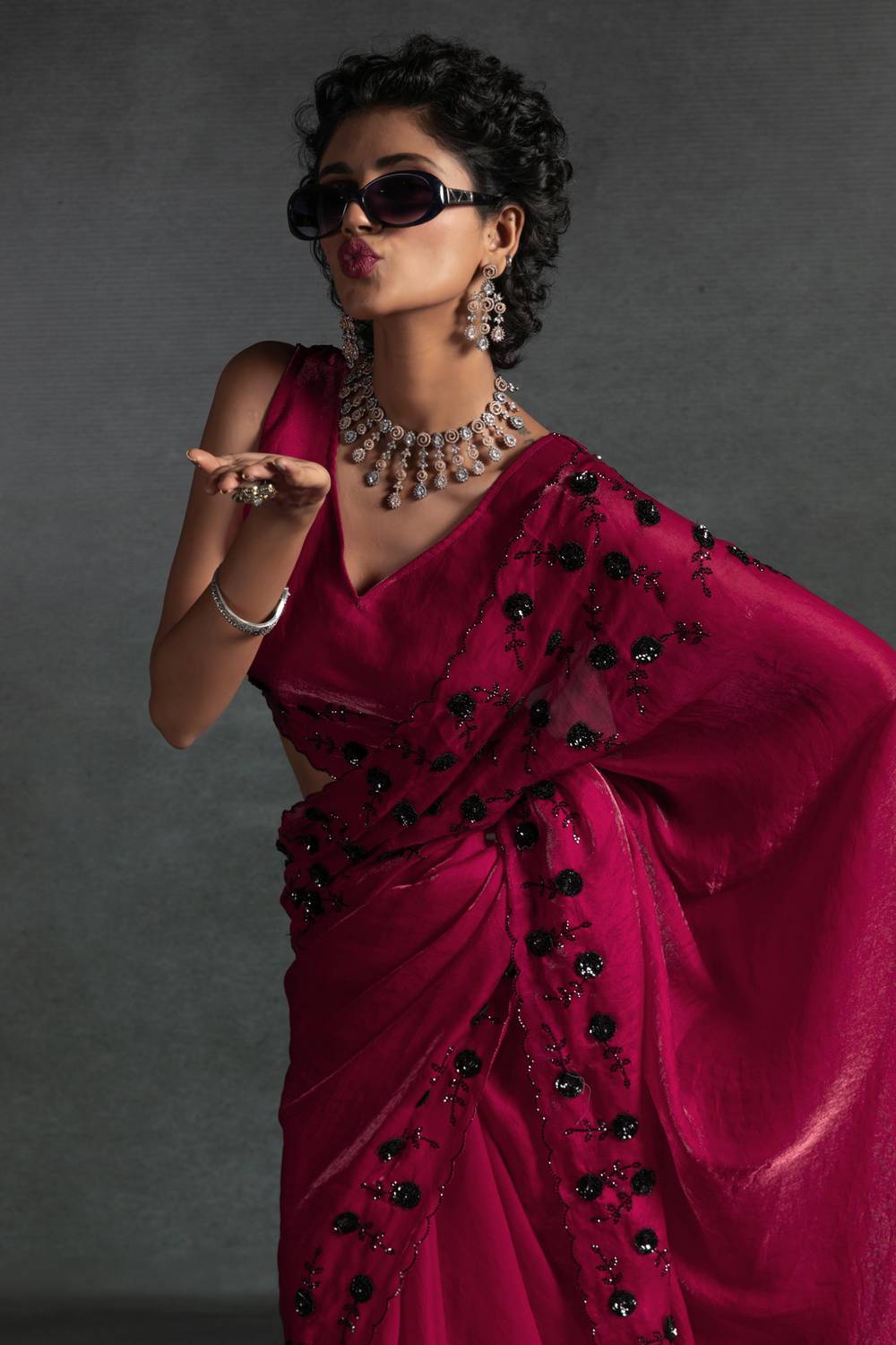Kaia Pink Satin Silk Beaded Stone Embellished Designer Ready to Wear One Minute Saree