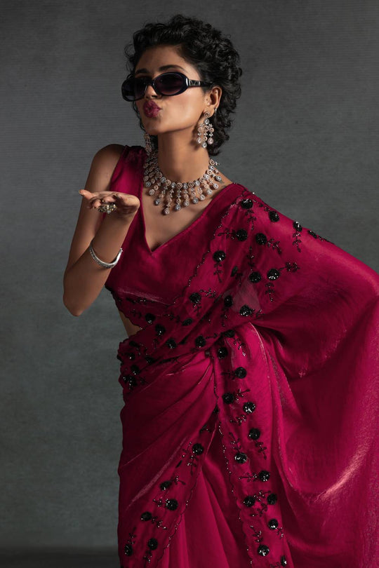 Kaia Pink Satin Silk Beaded Stone Embellished Designer Ready to Wear One Minute Saree