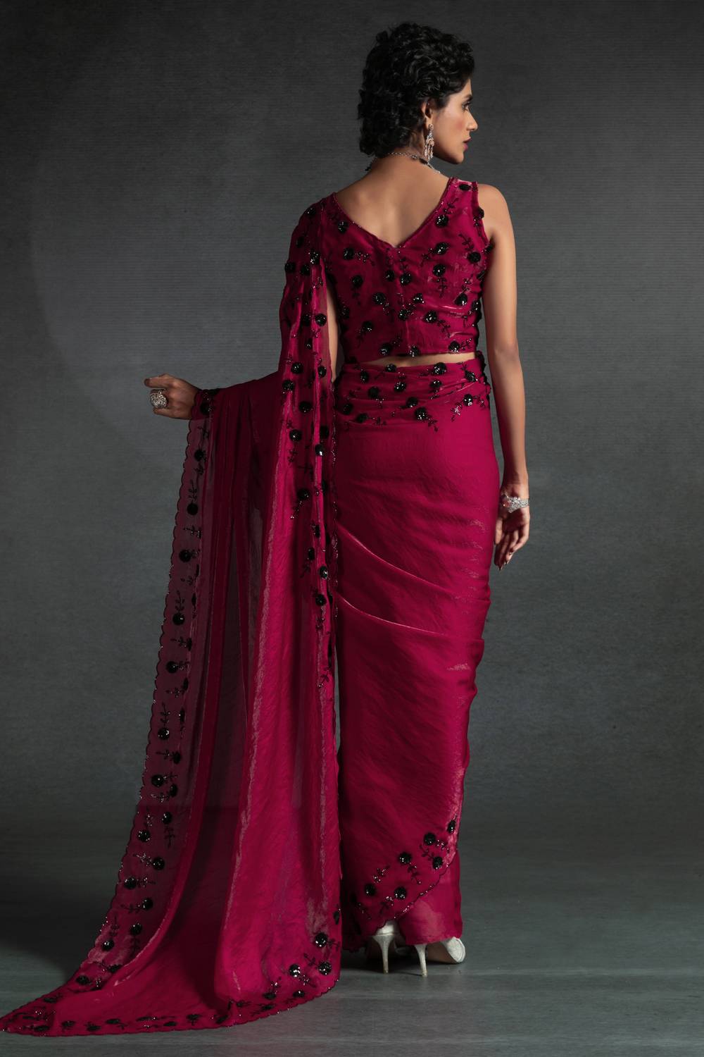 Kaia Pink Satin Silk Beaded Stone Embellished Designer Ready to Wear One Minute Saree