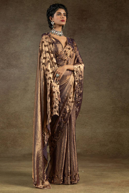 Kaia Metallic Bronze Satin Silk Beaded Stone Embellished Designer Ready to Wear One Minute Saree