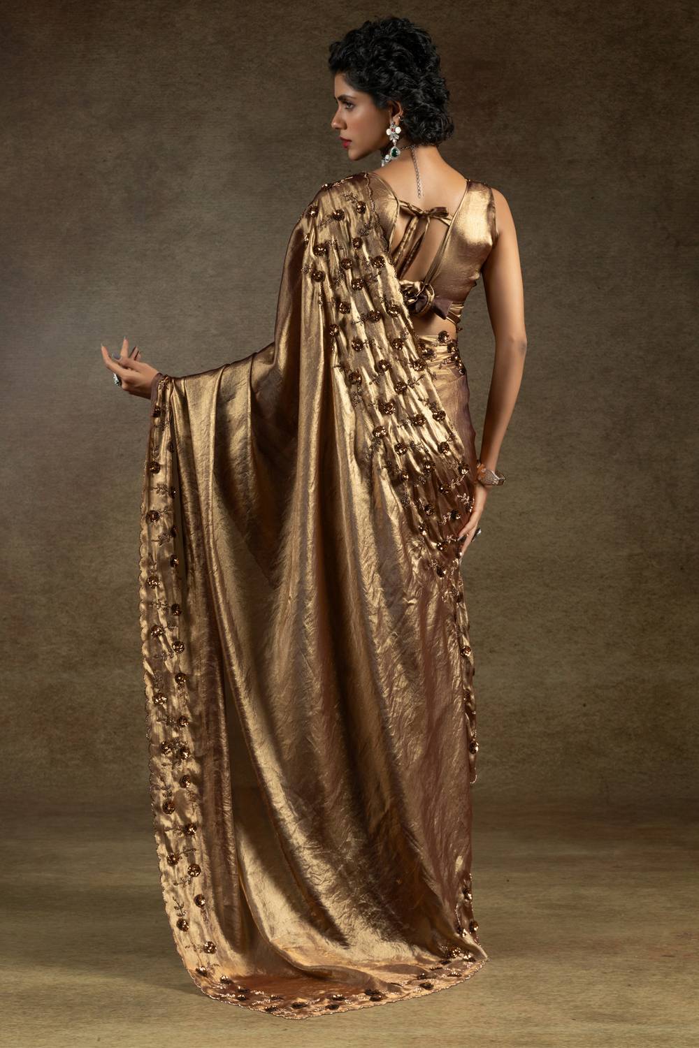 Kaia Metallic Bronze Satin Silk Beaded Stone Embellished Designer Ready to Wear One Minute Saree