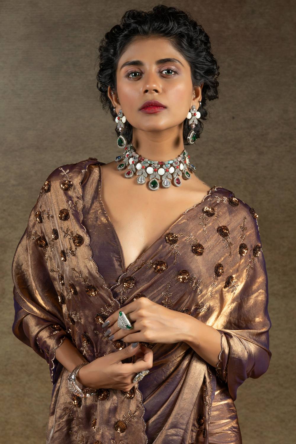 Kaia Metallic Bronze Satin Silk Beaded Stone Embellished Designer Ready to Wear One Minute Saree