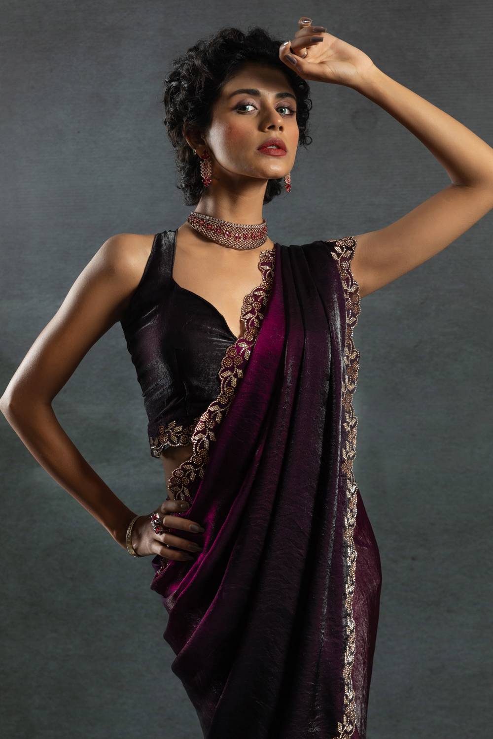 Kaia Wine Satin Silk Designer Saree with Beads & Stone Embellished Ready to Wear One Minute Saree