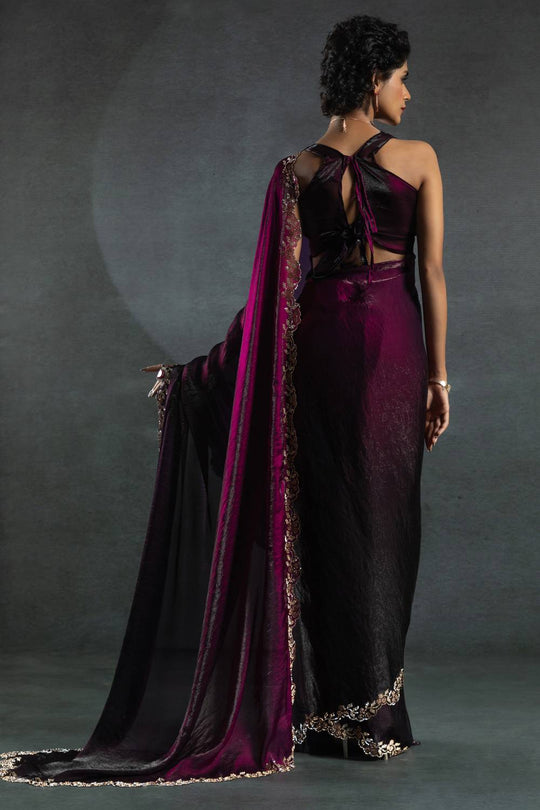 Kaia Wine Satin Silk Designer Saree with Beads & Stone Embellished Ready to Wear One Minute Saree