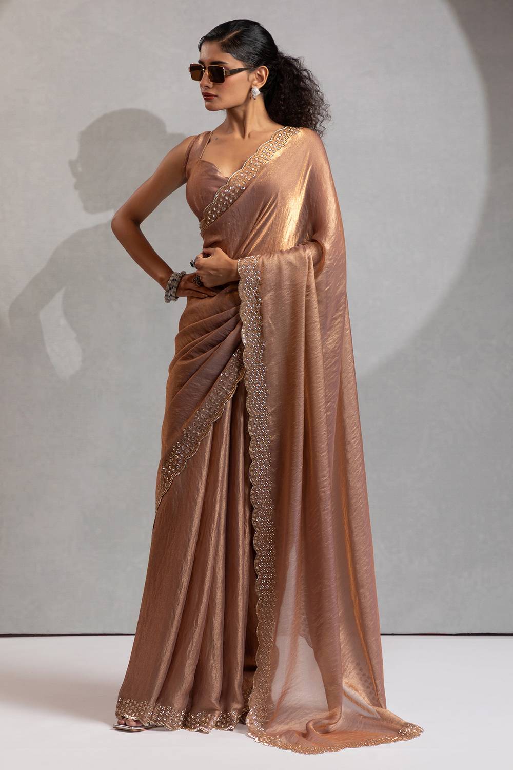 Priya Beige Satin Silk Saree with Embellished Border Ready to Wear One Minute Saree