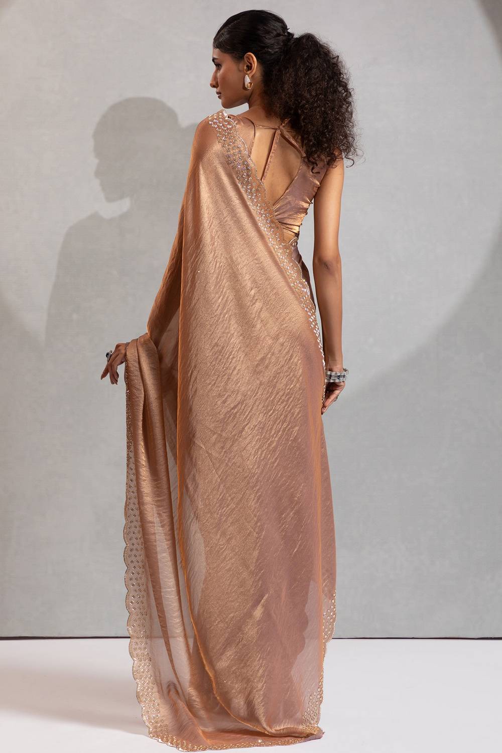 Priya Beige Satin Silk Saree with Embellished Border Ready to Wear One Minute Saree