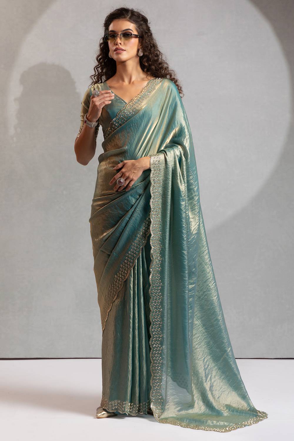 Priya Teal Green Satin Silk Saree with Embellished Border Ready to Wear One Minute Saree