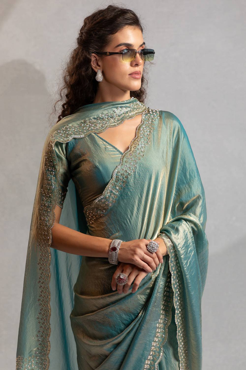 Priya Teal Green Satin Silk Saree with Embellished Border Ready to Wear One Minute Saree