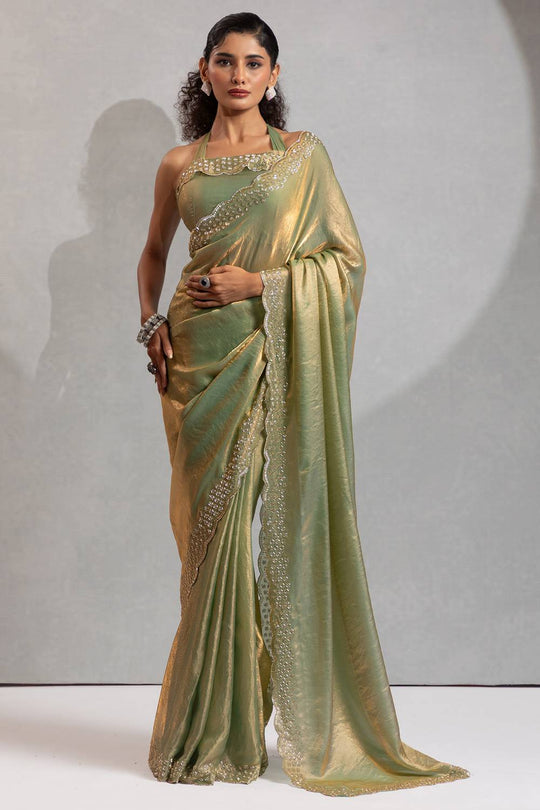 Priya Pastel Sage Green With Gold Shimmer Satin Silk Ready to Wear One Minute Saree