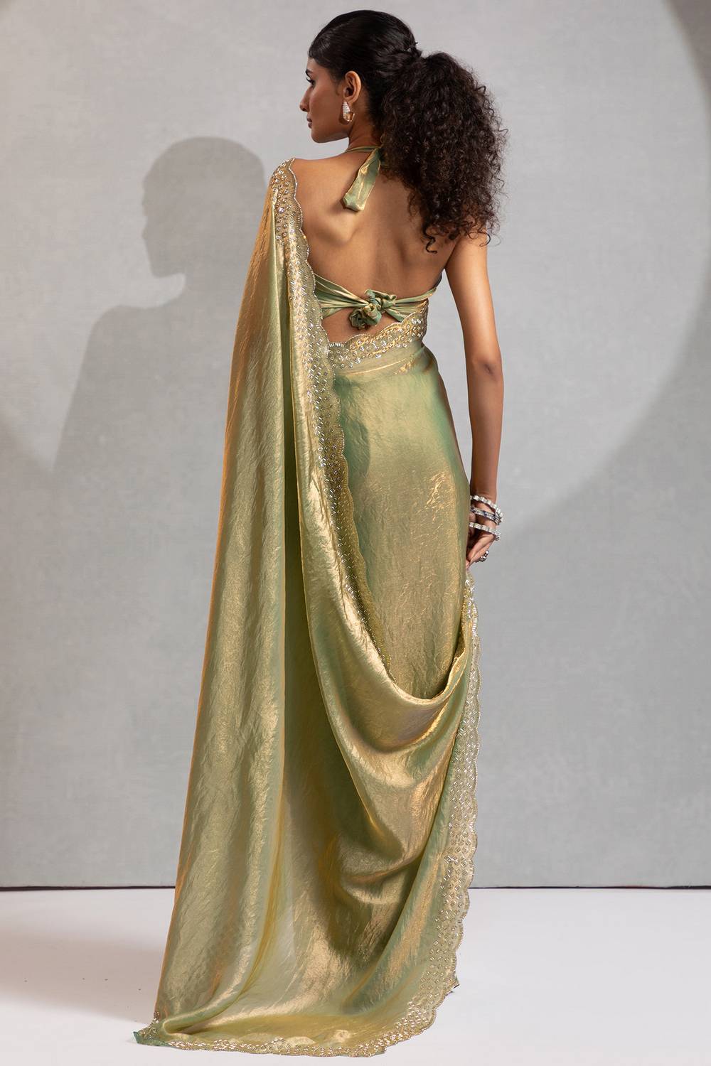 Priya Pastel Sage Green With Gold Shimmer Satin Silk Ready to Wear One Minute Saree