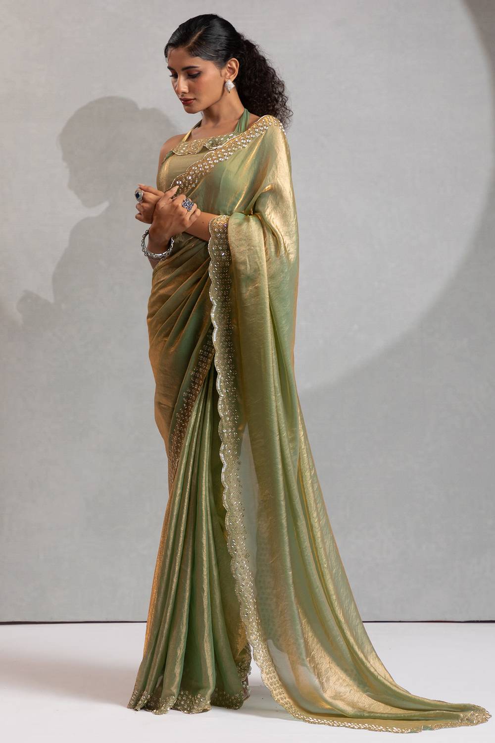 Priya Pastel Sage Green With Gold Shimmer Satin Silk Ready to Wear One Minute Saree