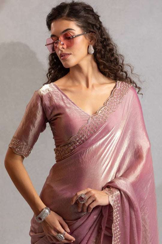 Priya Dusty Rose Pink Satin Silk Saree with Embellished Border Ready to Wear One Minute Saree