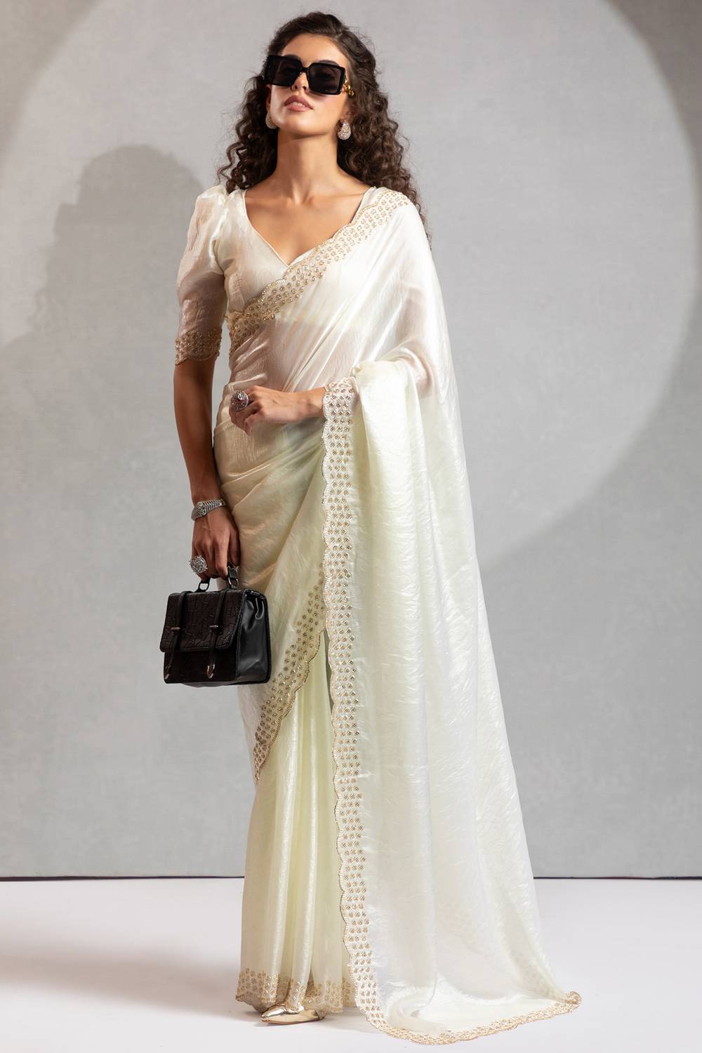 Priya Off White Satin Silk Saree with Embellished Border Ready to Wear One Minute Saree