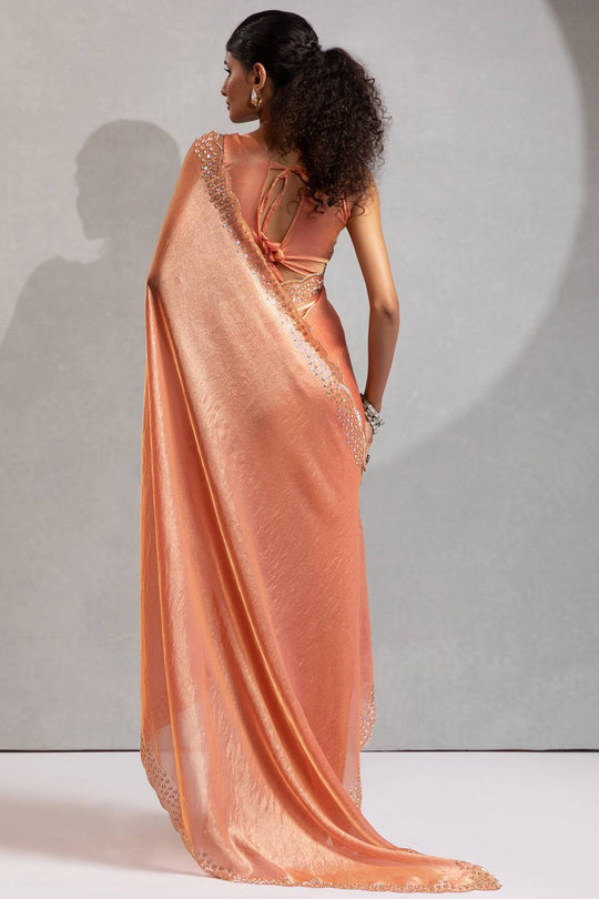 Priya Peach Satin Silk Saree with Embellished Border Ready to Wear One Minute Saree