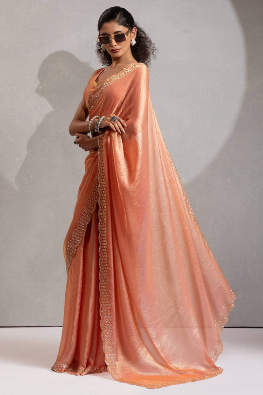 Priya Peach Satin Silk Saree with Embellished Border Ready to Wear One Minute Saree