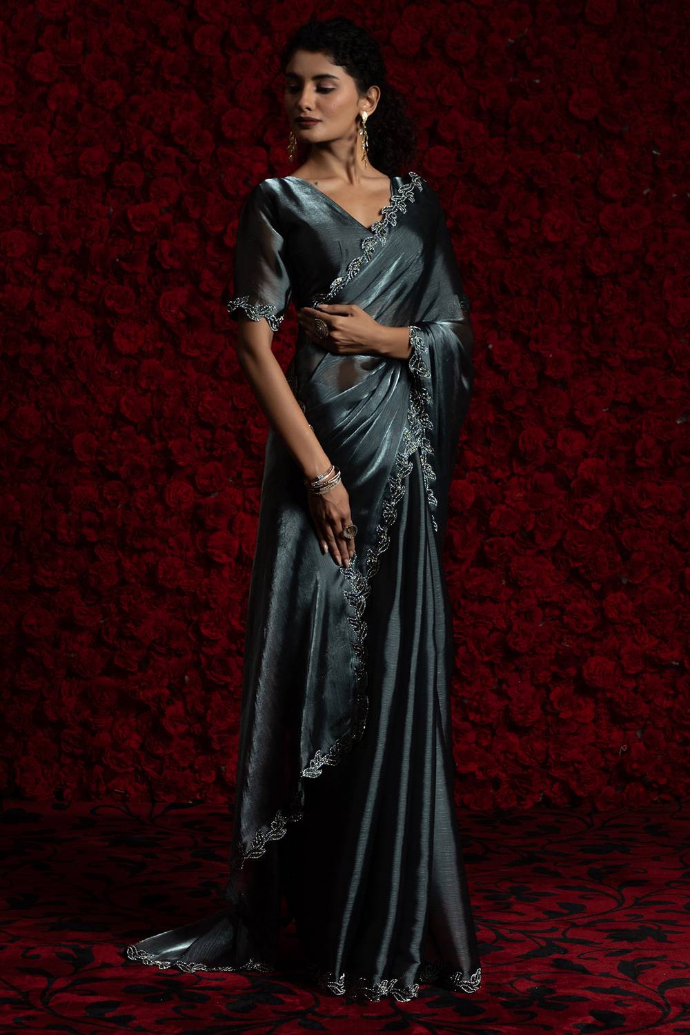 Alina Grey Tissue Saree with Embellished Border Ready to Wear One Minute Saree