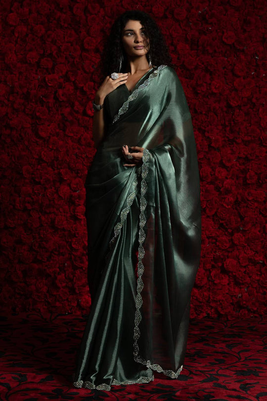 Alina Teal Green Tissue Saree with Embellished Border Ready to Wear One Minute Saree