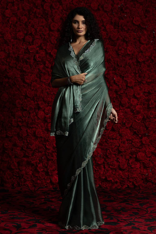 Alina Teal Green Tissue Saree with Embellished Border Ready to Wear One Minute Saree