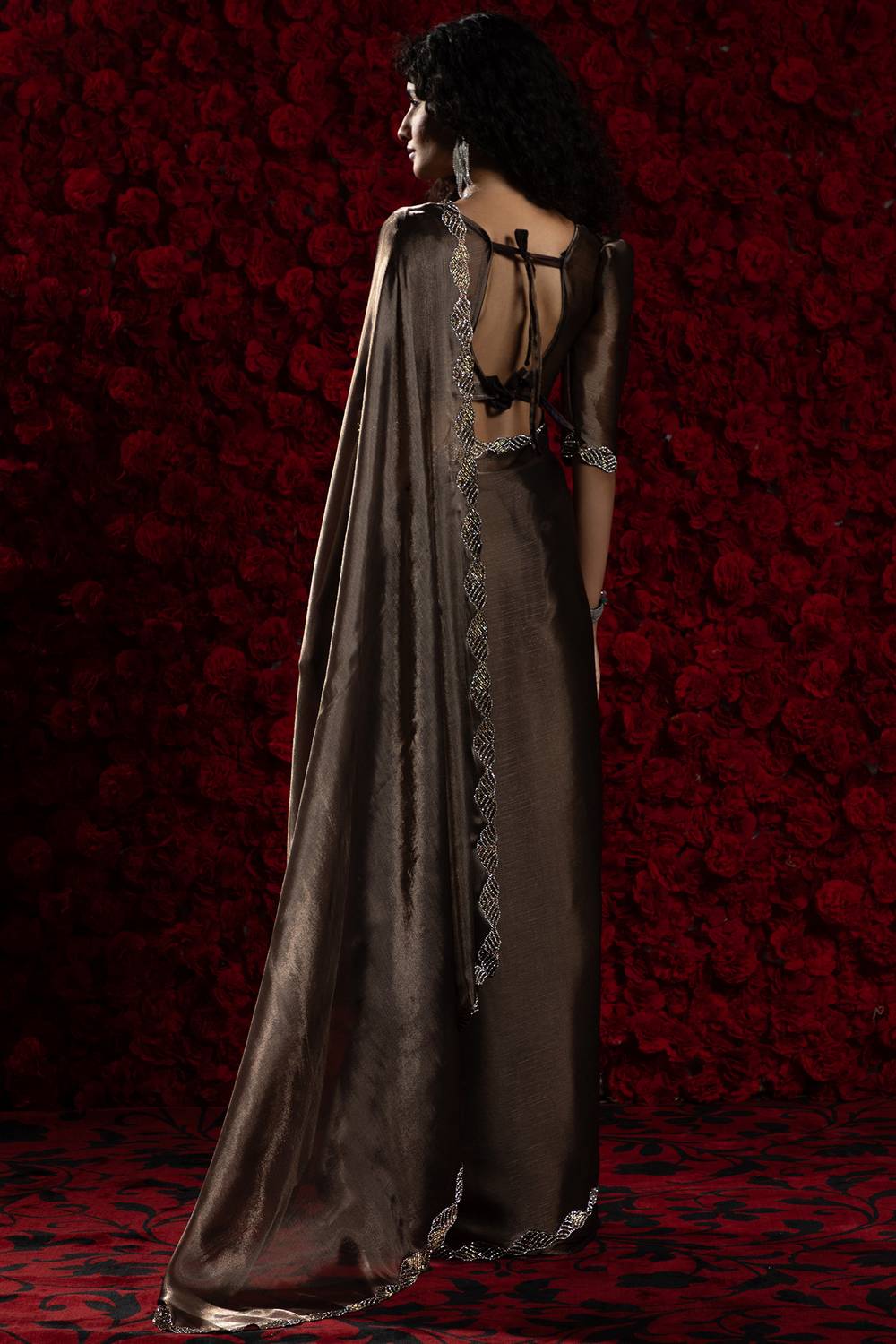 Alina Brown Tissue Saree with Embellished Border Ready to Wear One Minute Saree