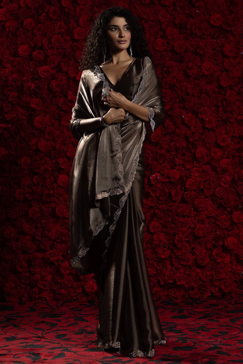 Alina Brown Tissue Saree with Embellished Border Ready to Wear One Minute Saree