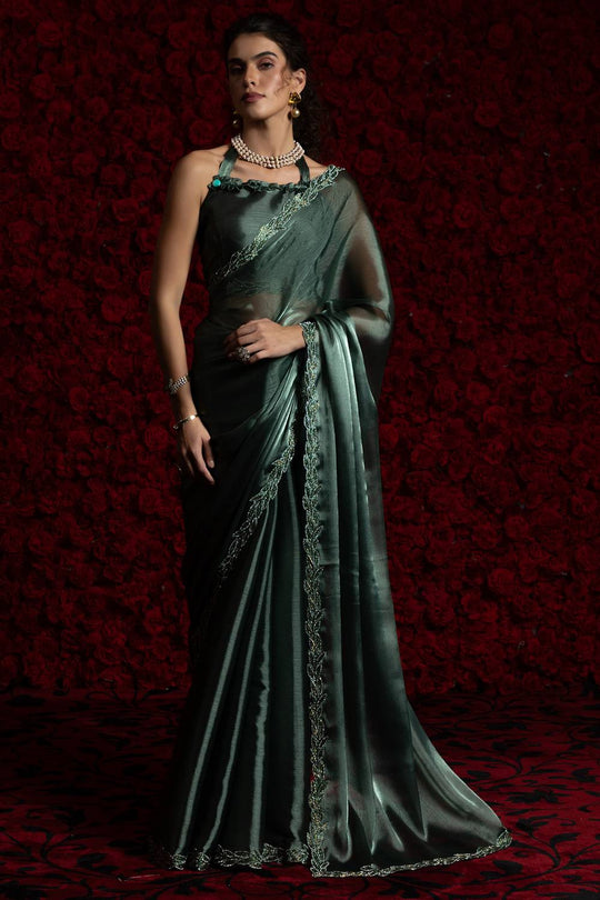 Alina Teal Green Tissue Saree with Embellished Border Pre drapped Ready to Wear One Minute Saree