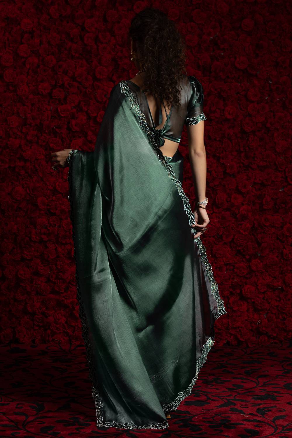 Alina Teal Green Tissue Saree with Embellished Border Pre drapped Ready to Wear One Minute Saree