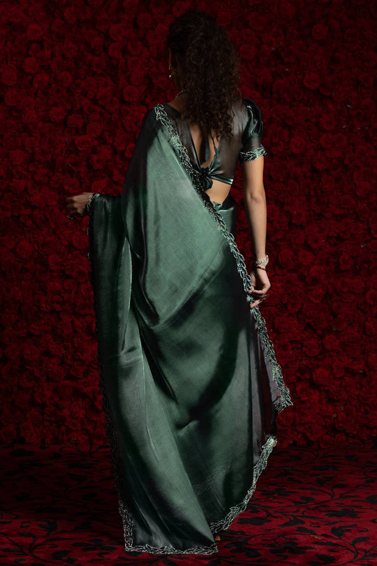 Alina Teal Green Tissue Saree with Embellished Border Pre drapped Ready to Wear One Minute Saree