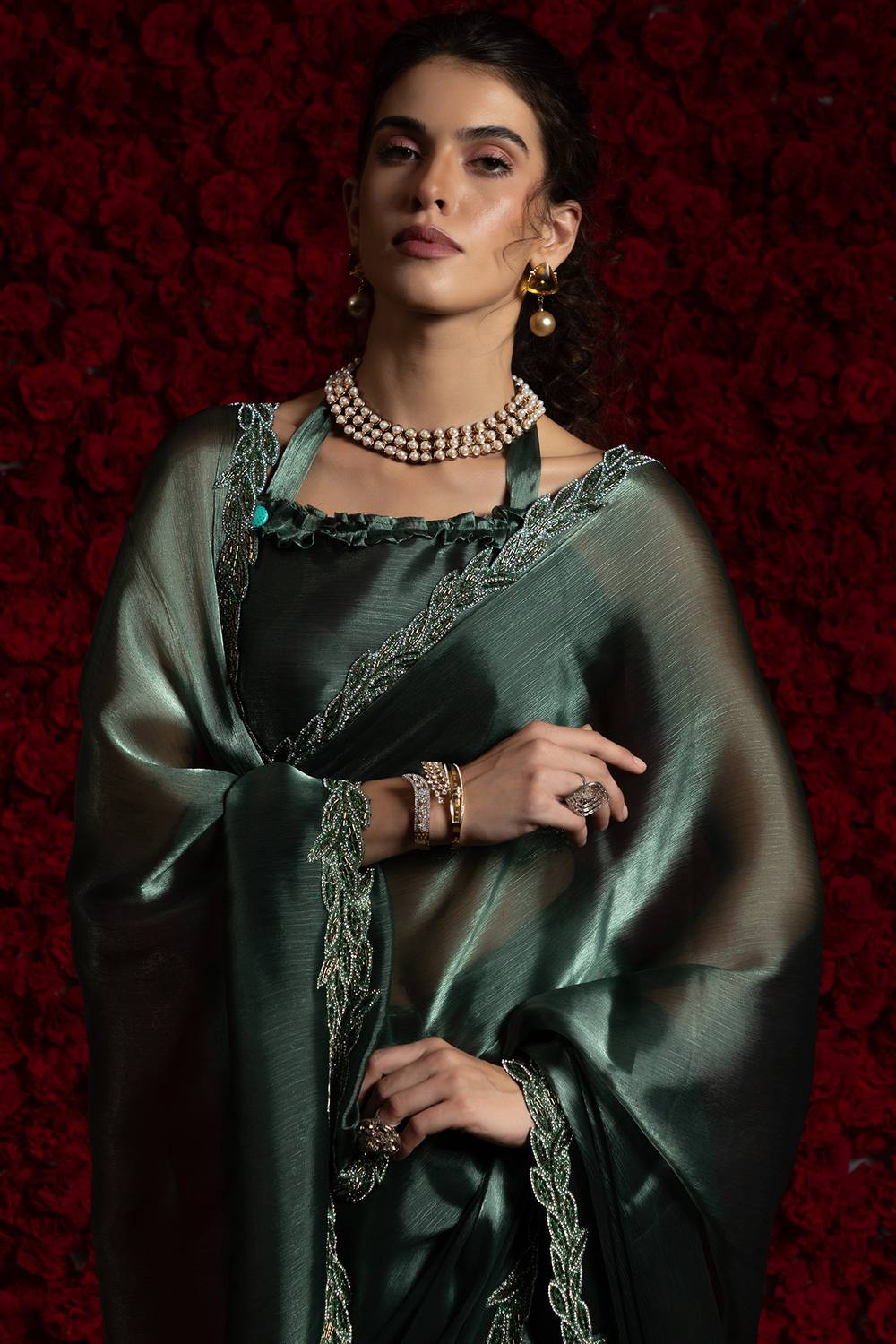Alina Teal Green Tissue Saree with Embellished Border Pre drapped Ready to Wear One Minute Saree