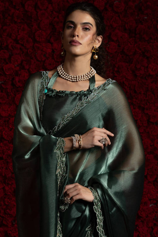Alina Teal Green Tissue Saree with Embellished Border Pre drapped Ready to Wear One Minute Saree