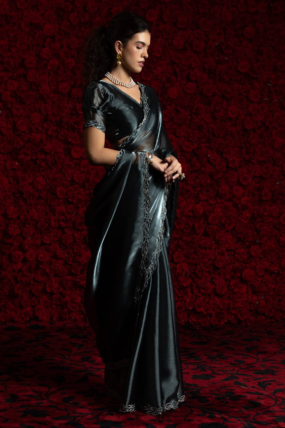 Alina Charcoal Grey Tissue Saree with Embellished Border Pre drapped Ready to Wear One Minute Saree