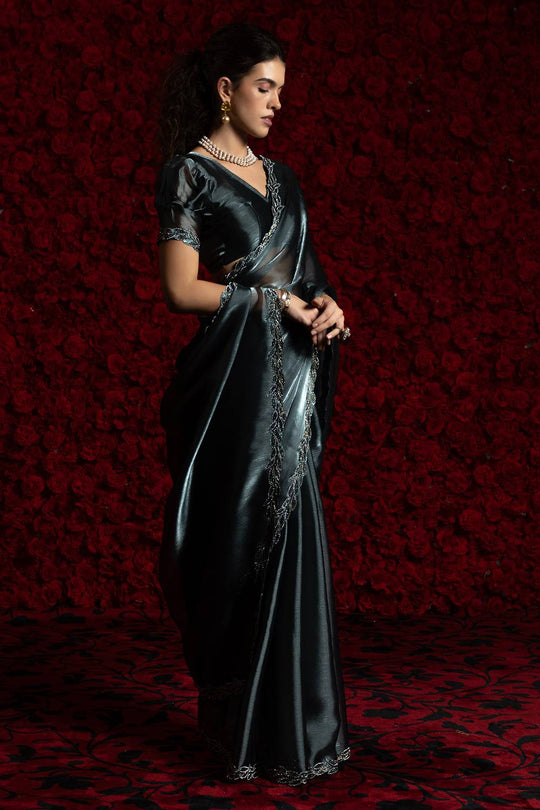 Alina Charcoal Grey Tissue Saree with Embellished Border Pre drapped Ready to Wear One Minute Saree