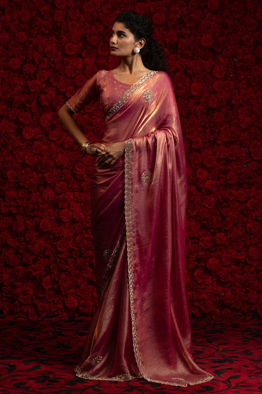 Aria Rose Pink Chiffon Saree with Embellished Border Ready to Wear One Minute Saree