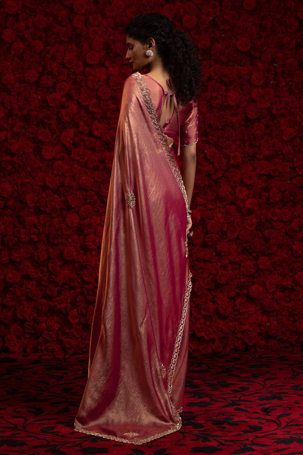 Aria Rose Pink Chiffon Saree with Embellished Border Ready to Wear One Minute Saree
