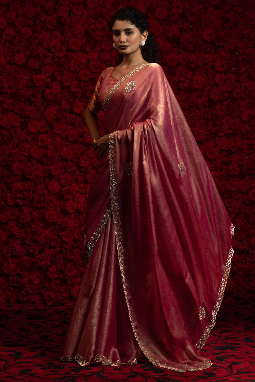Aria Rose Pink Chiffon Saree with Embellished Border Ready to Wear One Minute Saree